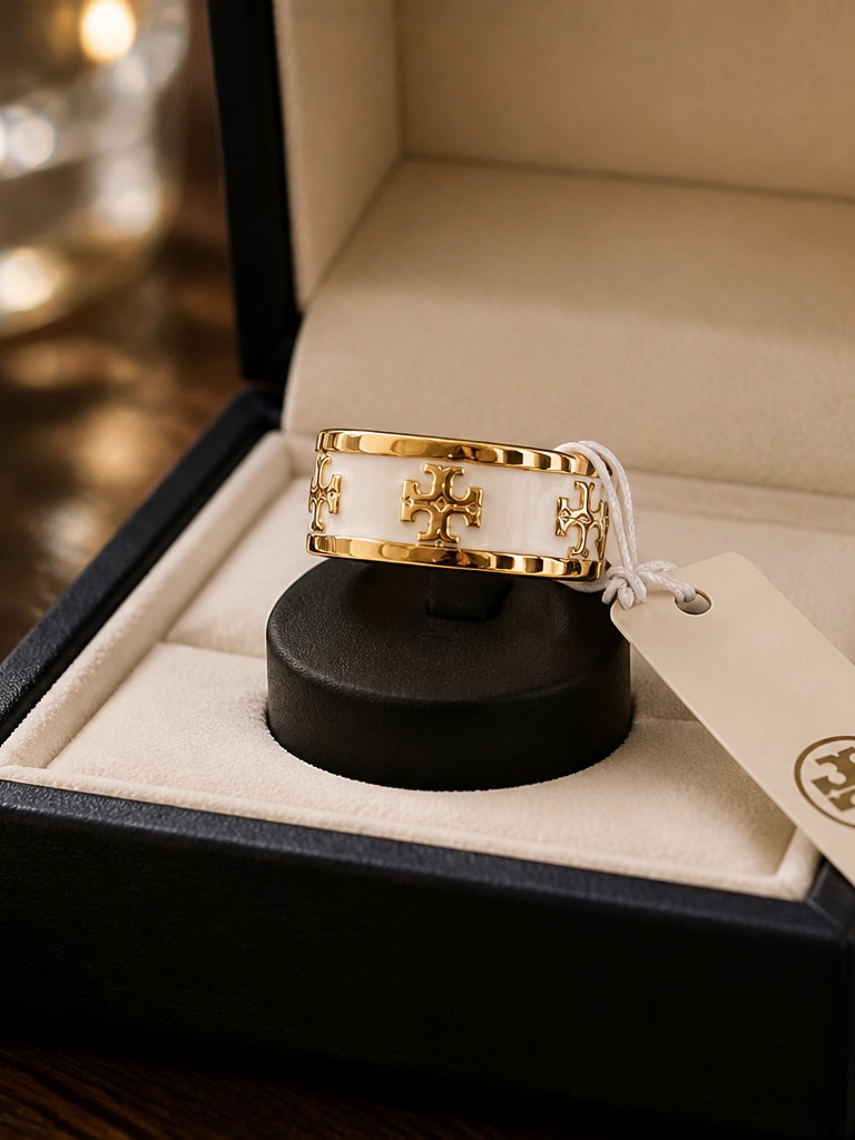 Tory Burch White Enamel And Gold Logo Cuff Ring